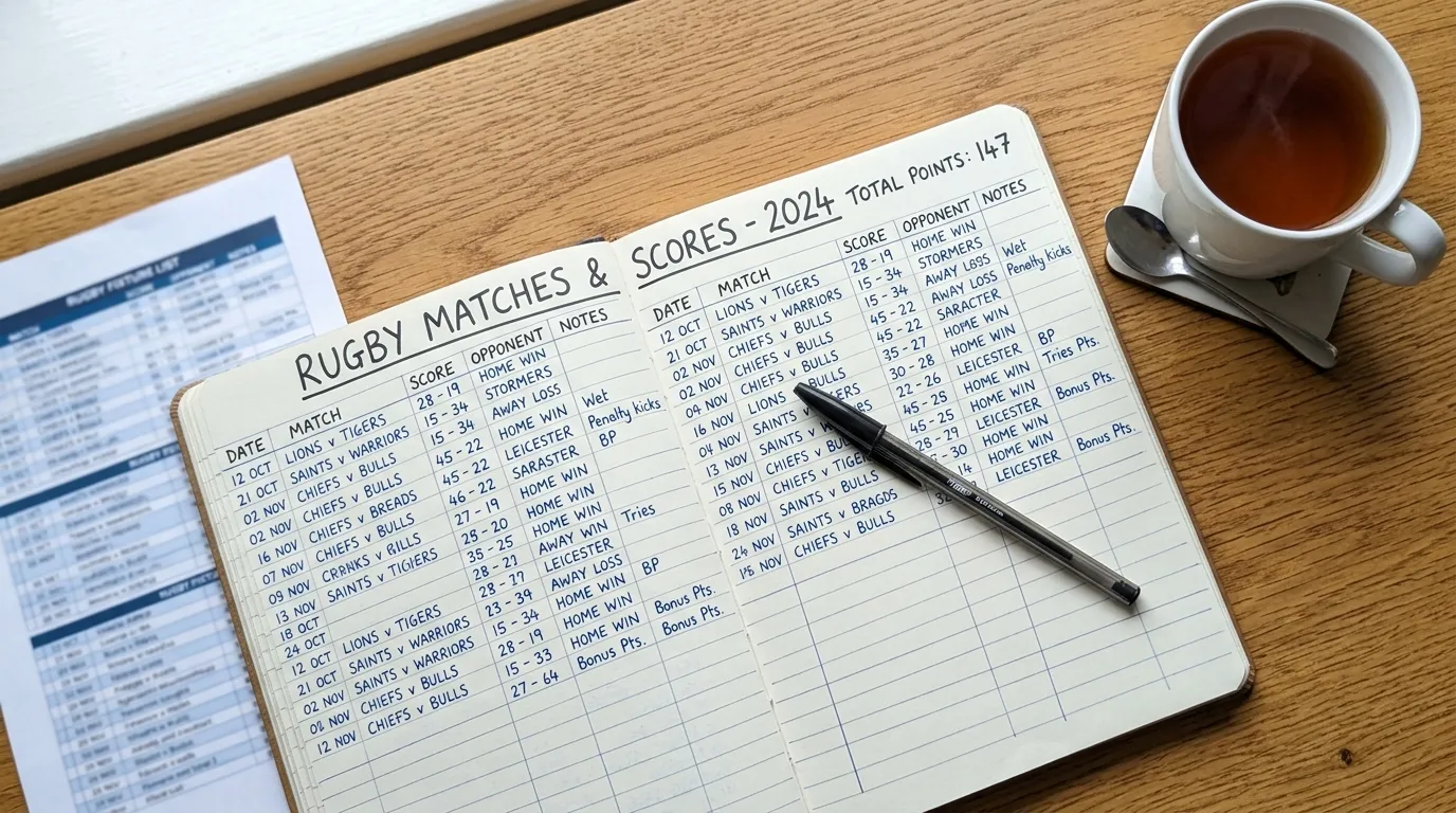 Open notebook with a staking plan and pen beside a cup of tea on a wooden desk