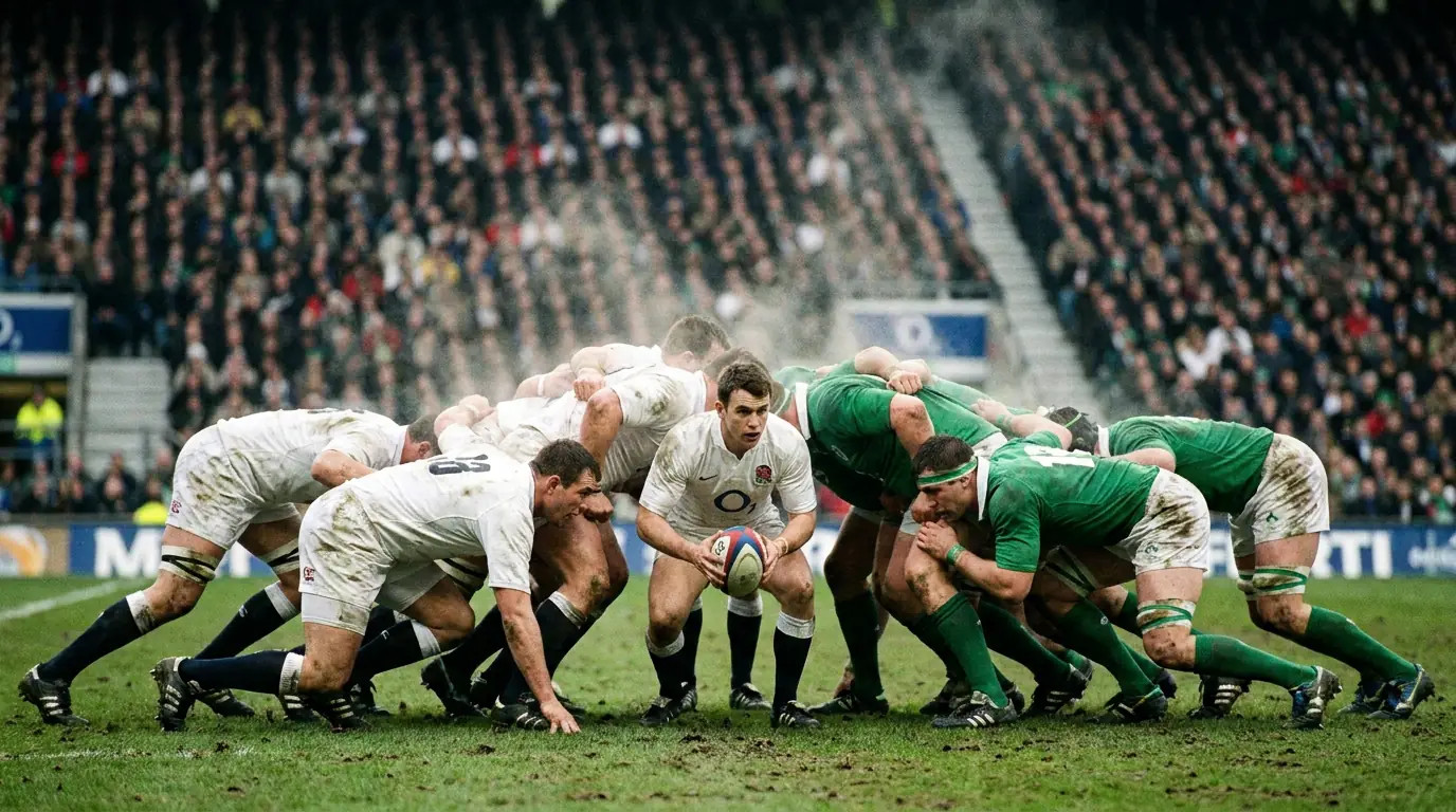 Rugby union forwards packing down for a contested scrum on a green pitch