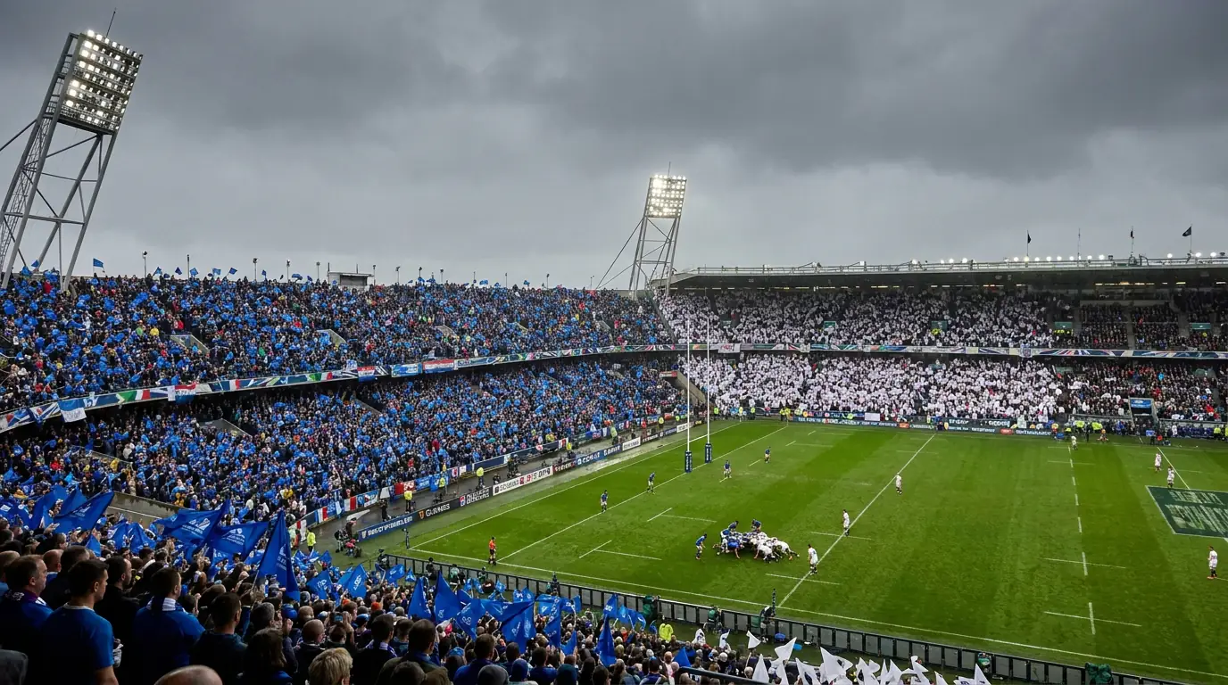 Packed rugby stadium during a Six Nations fixture with fans in national colours